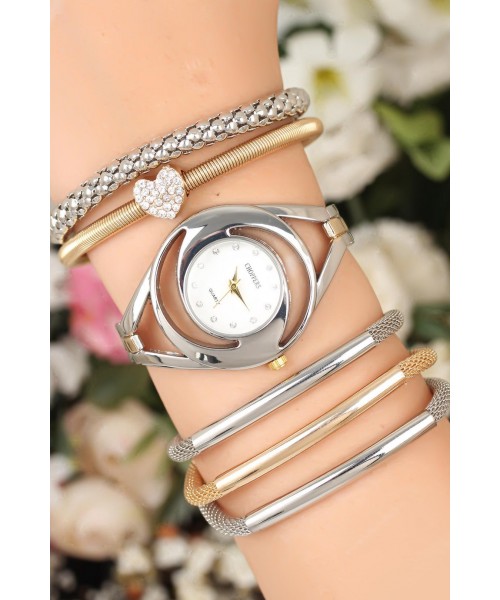 Silver Renk Metal Kordonlu Trend Kasa Bayan Saat Ve Bileklik Kombini
