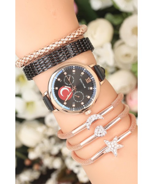 Siyah Deri Kordonlu Ay Yıldız Metal Kasa Bayan Saat Ve Bileklik Kombini