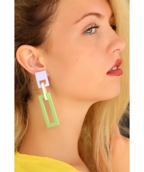 Yeşil Mor Renk Dikdörtgen Bayan Sallantı Küpe