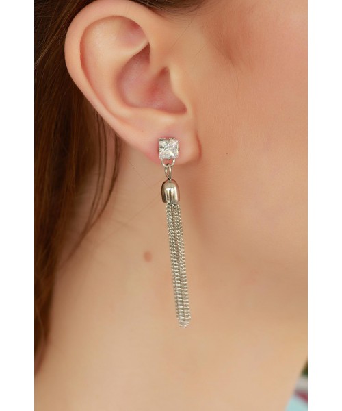 Gümüş Renk Zincir Tasarımlı Bayan Sallantı Küpe