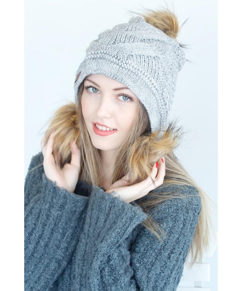 Tüylü Tasarım Camel Renk Ponponlu Gri Bayan Bere