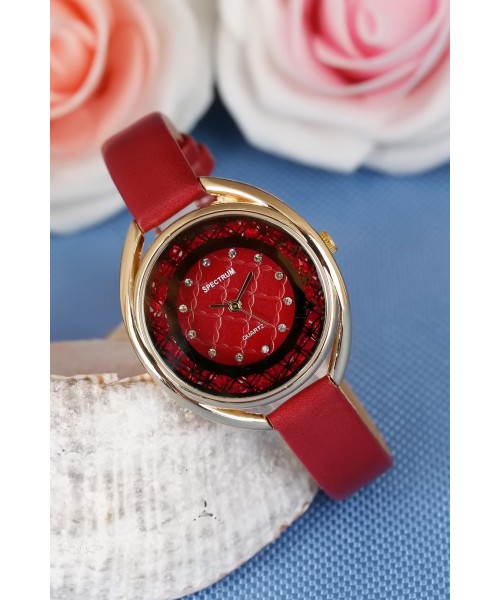 Kırmızı Renk Deri Kordonlu Gold Metal Taşlı Kasa Bayan Kol Saati