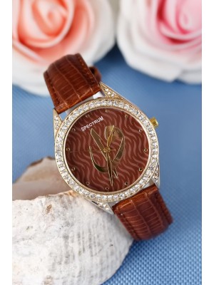 Kahverengi Kendinden Desenli Deri Kordonlu Elif Vav Figürlü Bayan Kol Saati