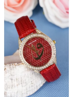 Kırmızı Renk Kendinden Desenli Deri Kordonlu Elif Vav Figürlü Bayan Kol Saati