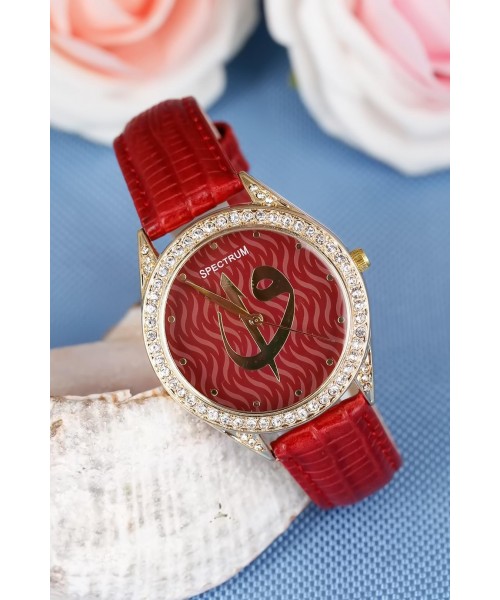 Kırmızı Renk Kendinden Desenli Deri Kordonlu Elif Vav Figürlü Bayan Kol Saati