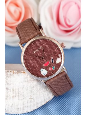 Kahverengi Kot Kordonlu Makyaj Malzemesi Figürlü Bayan Kol Saati