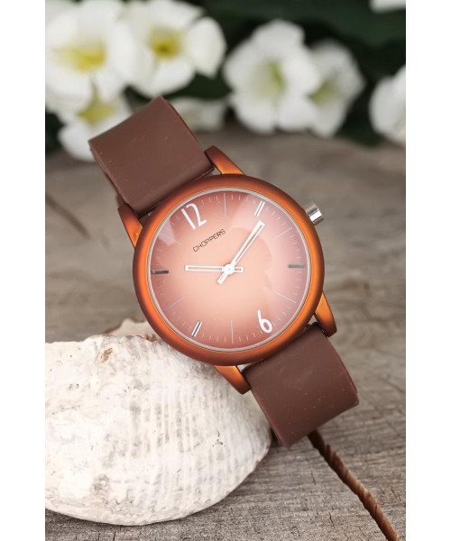 Kahverengi Renk Silikon Kordonlu Turuncu Renk Tasarımlı Bayan Kol Saati