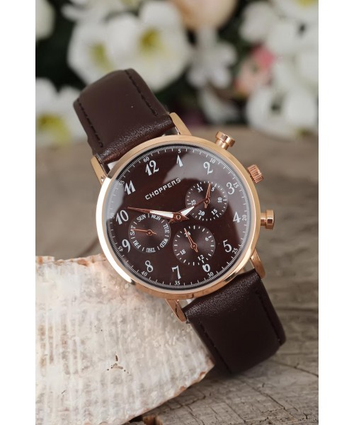 Kahverengi Deri Kordonlu Rose Renkli Metal Kasa Bayan Kol Saati