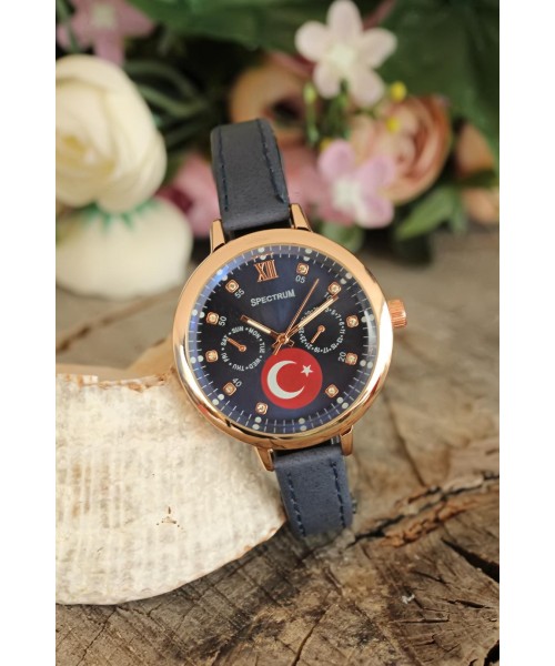 Lacivert Deri Kordonlu Rose Renk Metal Kasa Türk Bayrak Tasarımlı Bayan Kol Saati