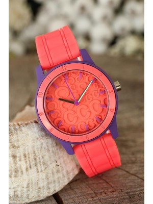 Turuncu Renk Silikon Kordonlu Kabartlamalı İç Tasarımlı Spor Kasa Bayan Kol Saati