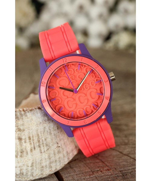 Turuncu Renk Silikon Kordonlu Kabartlamalı İç Tasarımlı Spor Kasa Bayan Kol Saati