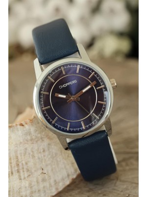 Lacivert Deri Kordonlu Gümüş Renk Metal Kasa Bayan Kol Saati