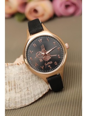 Siyah Renk Deri Kordonlu Rose Metal Kasa Osmanlı Tuğra Figürlü Clariss Marka Bayan Kol Saati