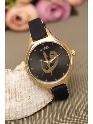 Siyah Renk Deri Kordonlu Gold Metal Kasa Elif Vav Figürlü Clariss Marka Bayan Kol Saati
