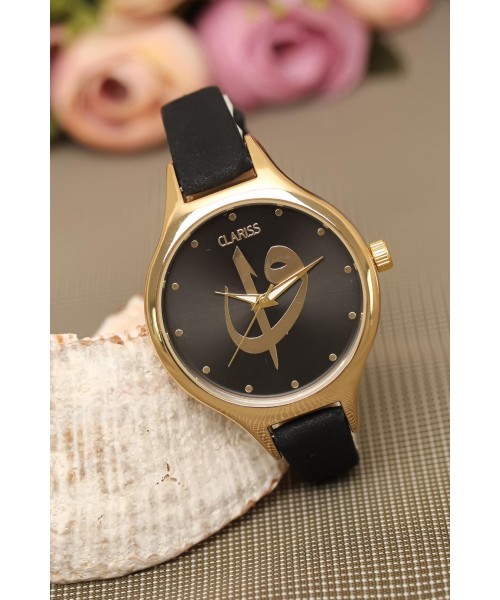 Siyah Renk Deri Kordonlu Gold Metal Kasa Elif Vav Figürlü Clariss Marka Bayan Kol Saati