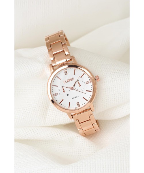 Rose Renk Metal Kordonlu Beyaz İç Tasarımlı Yeni Sezon Clariss Marka Bayan Kol Saati