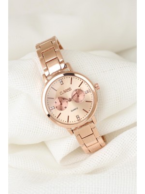 Rose Renk Metal Kordonlu Taşlı Rose İç Tasarımlı Yeni Sezon Clariss Marka Bayan Kol Saati
