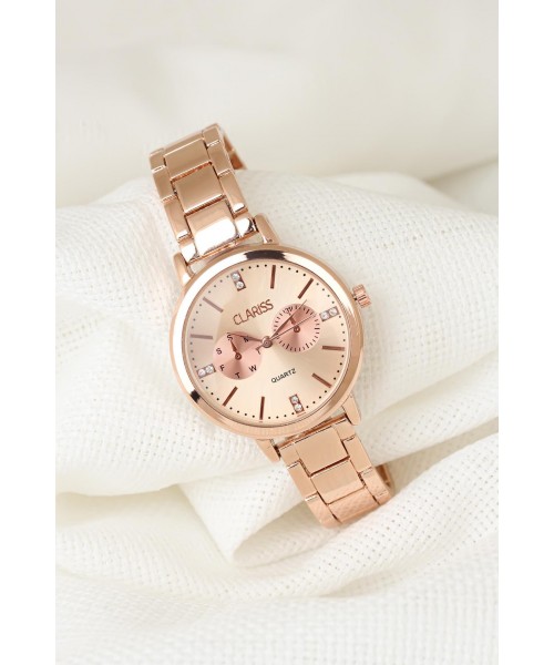 Rose Renk Metal Kordonlu Taşlı Rose İç Tasarımlı Yeni Sezon Clariss Marka Bayan Kol Saati