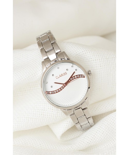 Silver Renk Metal Kordonlu Beyaz Renk Zirkon Taşlı İç Tasarımlı Clariss Marka Bayan Kol Saati