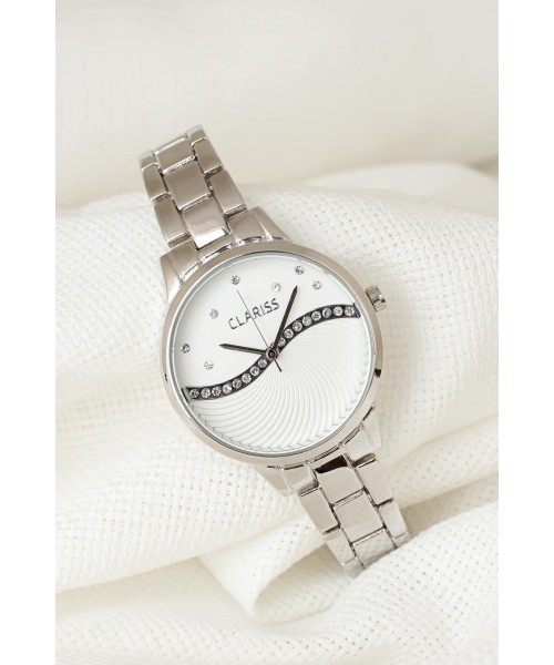 Silver Renk Metal Kordonlu Beyaz Zirkon Taşlı İç Tasarımlı Clariss Marka Bayan Kol Saati Silver Renk Metal Kordonlu Beyaz Zirkon Taşlı İç Tasarımlı Clariss Marka Bayan Kol Saati
