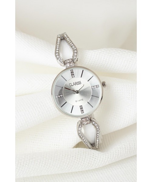 Silver Renk Metal Taşlı Kordonlu Yeni Sezon Beyaz Renk İç Tasarımlı Bayan Clariss Marka Kol Saati