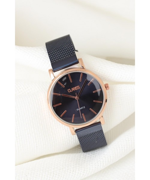 Lacivert Renk Hasır Metal Kordonlu Rose Renk Metal Kasa Bayan Clariss Marka Kol Saati