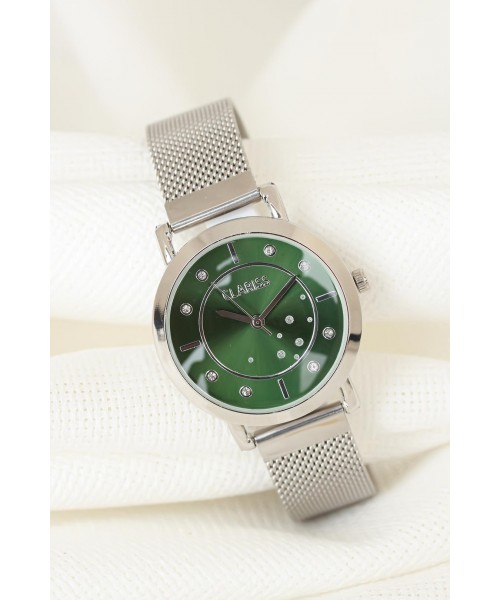 Silver Renk Kaplama Hasır Metal Kordonlu Yeşil İç Tasarımlı Metal Kasa Clariss Marka Bayan Saat