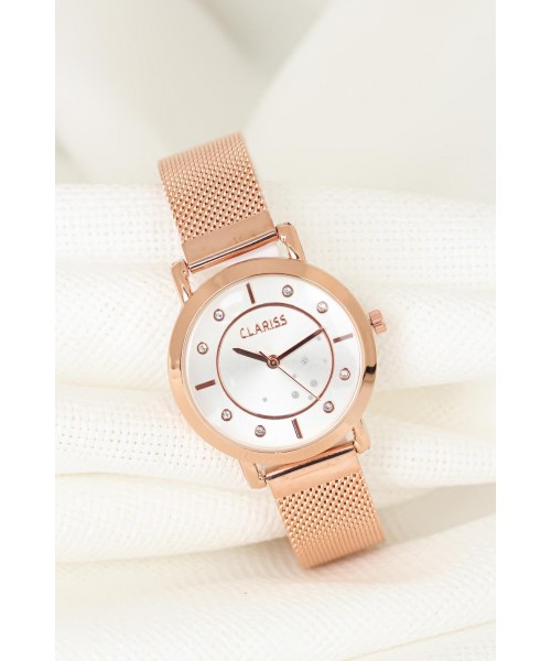 Rose Renk Kaplama Hasır Metal Kordonlu Beyaz İç Tasarımlı Metal Kasa Clariss Marka Bayan Saat