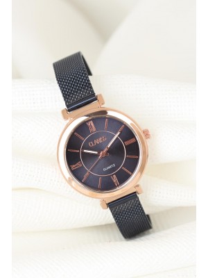 Lacivert Renk Kaplama Hasır Metal Kordonlu Yuvarlak Metal Rose Kasa Clariss Marka Bayan Saat