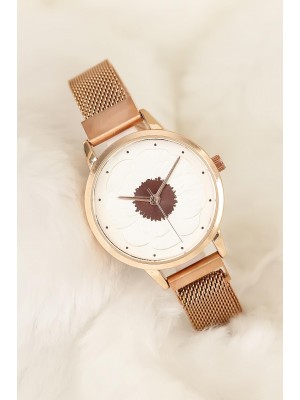 Mıknatıslı Hasır Metal Rose Renk Kordonlu Desenli İç Tasarımlı Bayan Saat