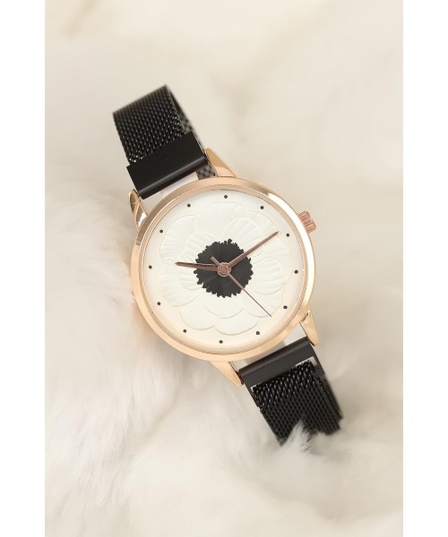 Mıknatıslı Hasır Metal Füme  Renk Kordonlu Desenli İç Tasarımlı Bayan Saat