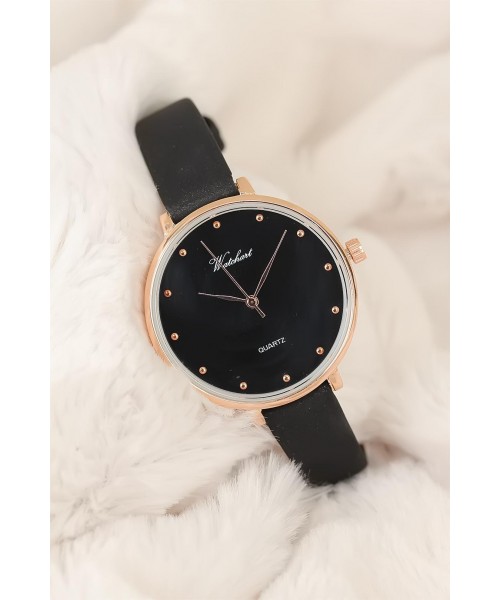 Siyah Deri Kordonlu Rose Metal Kasa Bayan Saat