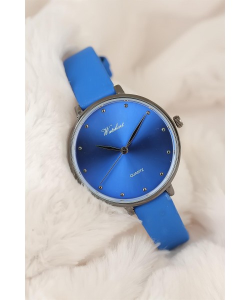 Mavi Deri Kordonlu Füme Metal Kasa Bayan Saat