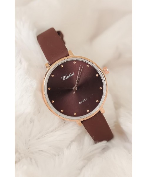 Kahverengi Deri Kordonlu Rose Metal Kasa Bayan Saat