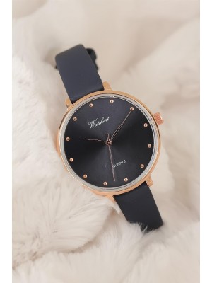 Lacivert Deri Kordonlu Rose Metal Kasa Bayan Saat