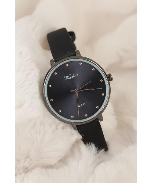 Siyah Deri Kordonlu Füme Metal Kasa Bayan Saat