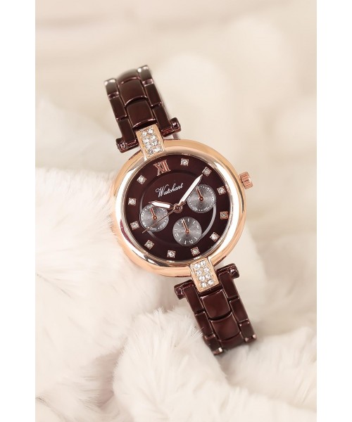 Kahverengi Metal Kordonlu Taşlı Tasarım Rose Kasa Bayan Kol Saati Kahverengi Metal Kordonlu Taşlı Tasarım Rose Kasa Bayan Kol Saati