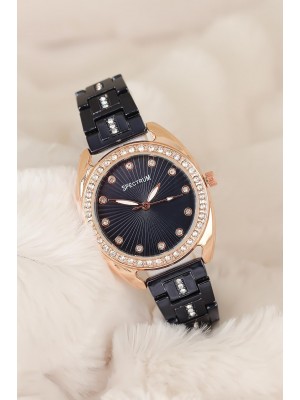 Lacivert Renk Metal Kordonlu Rose Taşlı Kasa Bayan Saat