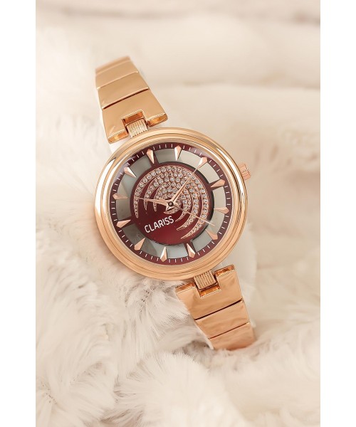 Rose Metal Kordonlu Bordo Renk Taşlı İç Tasarım Clariss Marka Bayan Kol Saati Rose Metal Kordonlu Bordo Renk Taşlı İç Tasarım Clariss Marka Bayan Kol Saati