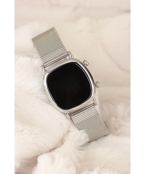 Silver Renk Hasır Metal Kordonlu Dijital Bayan Kol Saati