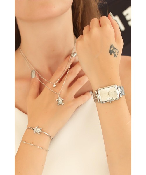 Silver Renk Hasır Metal Kordonlu Clariss Saat Kaplumbağa Kolye Ve Bileklik Kombini