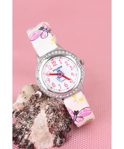 Kelebekli Desenli Beyaz Renk Deri Kordonlu Taşlı Silver Kasa Çocuk Saati