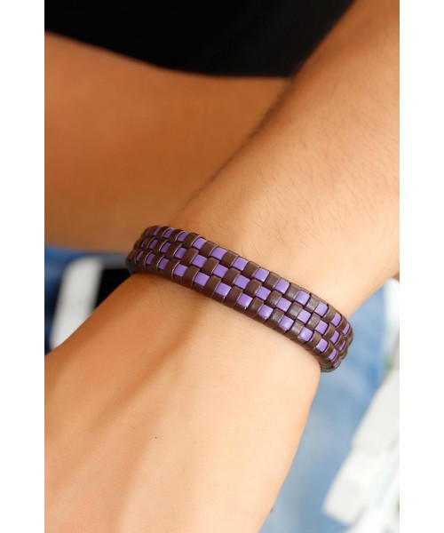 Mor Ve Kahverengi Deri Dama Desenli Tasarım Erkek Bileklik Mor Ve Kahverengi Deri Dama Desenli Tasarım Erkek Bileklik