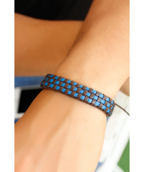 Mavi Ve Kahverengi Deri Dama Desenli Tasarım Erkek Bileklik