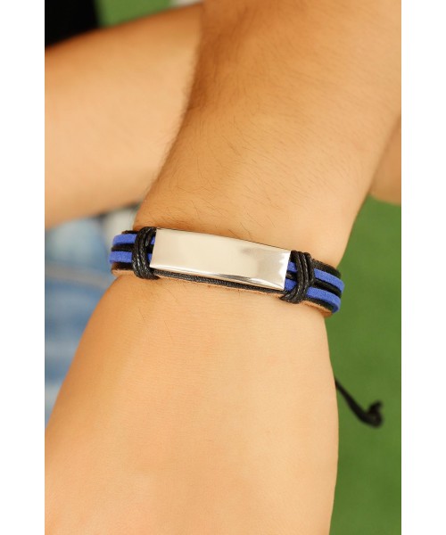 Mavi Siyah Renk Deri Ve Çelik Aksesuar Detaylı Erkek Bileklik