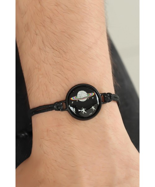 Siyah Renk Deri Ayarlamlı İpli Gezegen Erkek Bileklik