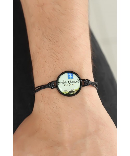 Siyah Renk Deri Ayarlamlı İpli Yazılı Çukur Erkek Bileklik