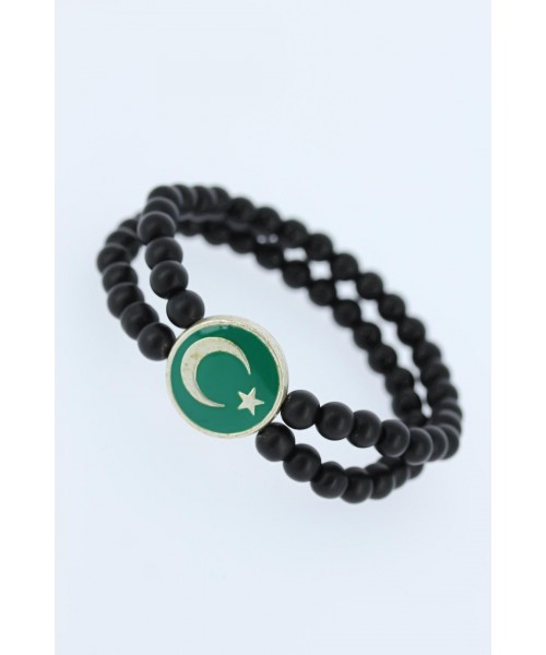Yeşil Renkli Gümüş Ay Yıldız Figürlü Doğaltaş Çift Sıra Erkek Bileklik Yeşil Renkli Gümüş Ay Yıldız Figürlü Doğaltaş Çift Sıra Erkek Bileklik