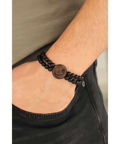 Vav Figürlü Kahverengi Metal Aksesuarlı Çift Sıra Oniks Doğal Taş Erkek Bileklik Vav Figürlü Kahverengi Metal Aksesuarlı Çift Sıra Oniks Doğal Taş Erkek Bileklik