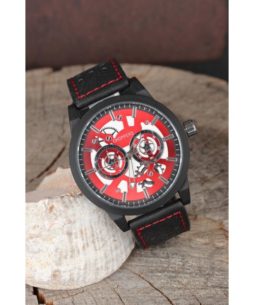 Siyah Mat Metal Kasa Siyah Deri Kordonlu İçi Kırmızı Tasarım Erkek Kol Saati